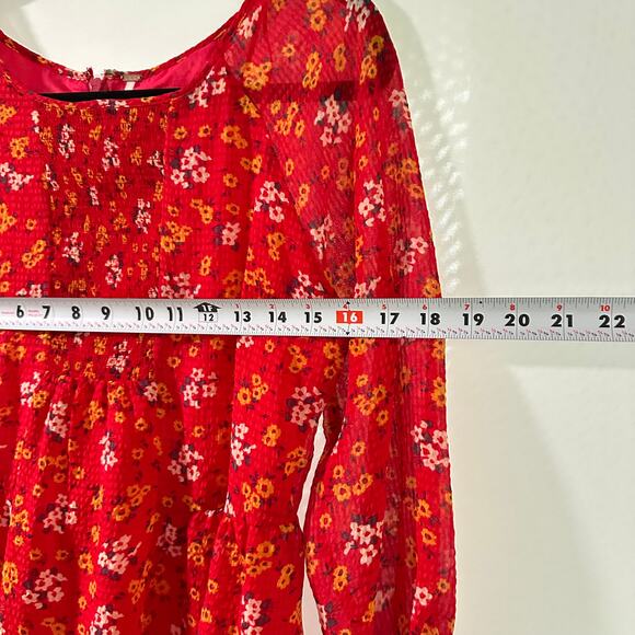 Free People Red‎ Floral Smocked Puff Sleeve Mini Babydoll Chiffon Dress Tunic S - Picture 7 of 10